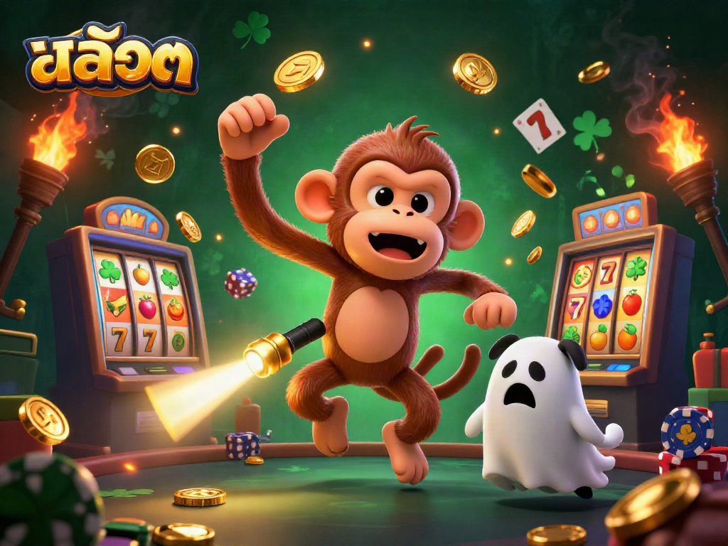 Experience the thrill of สล็อต with a mischievous poltergeist monkey and a curious puppy in a haunted casino setting.