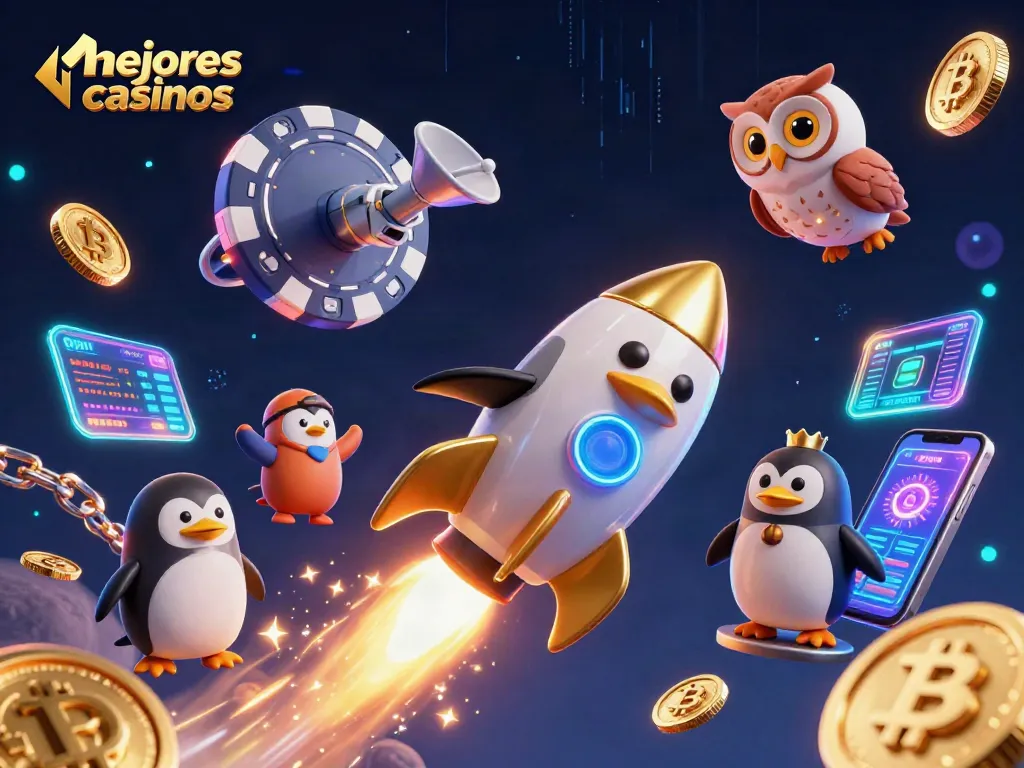 Los mejores casinos: ilustración 3D de un pingüino dorado volador dejando un rastro de monedas en un fondo estrellado.