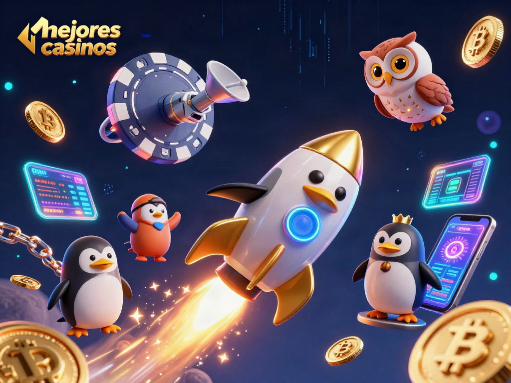 Los mejores casinos: ilustración 3D de un pingüino dorado volador dejando un rastro de monedas en un fondo estrellado.