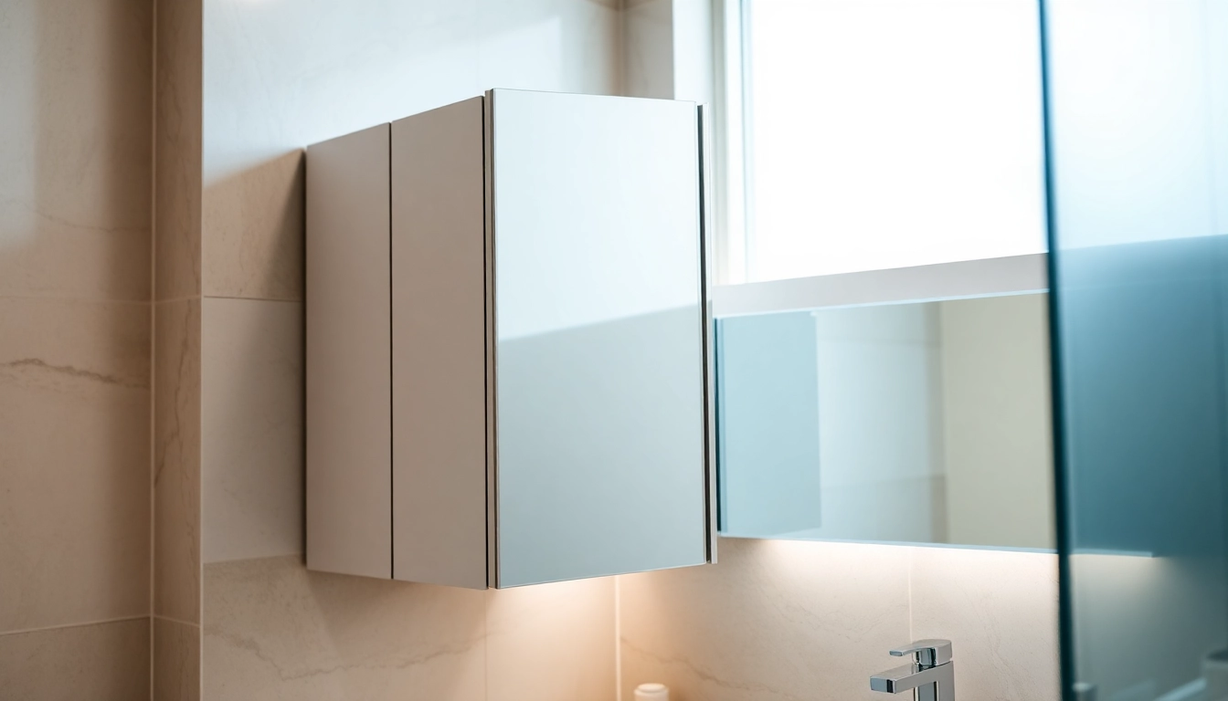 Find stylish mirrored bathroom cabinet with light reflecting modern bathroom decor.