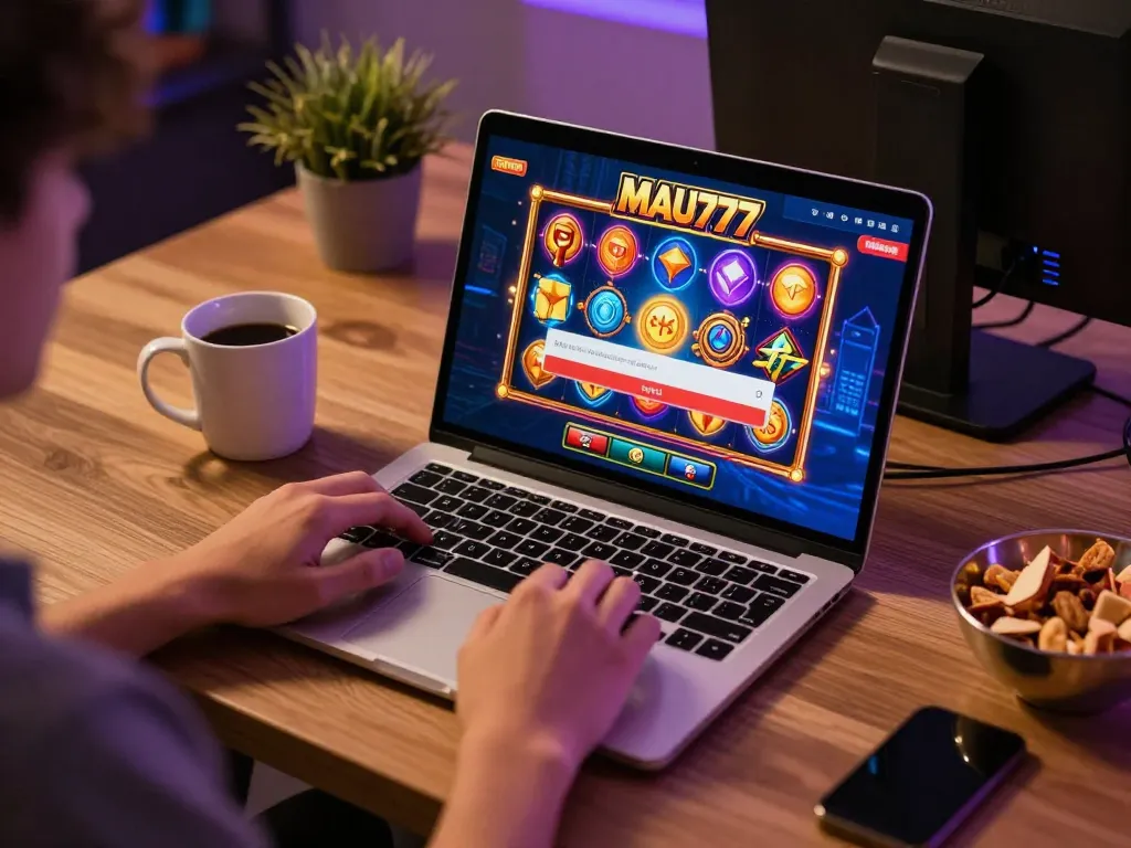 Logging into MAU777 for exciting slot gaming experience in a cozy online setup.