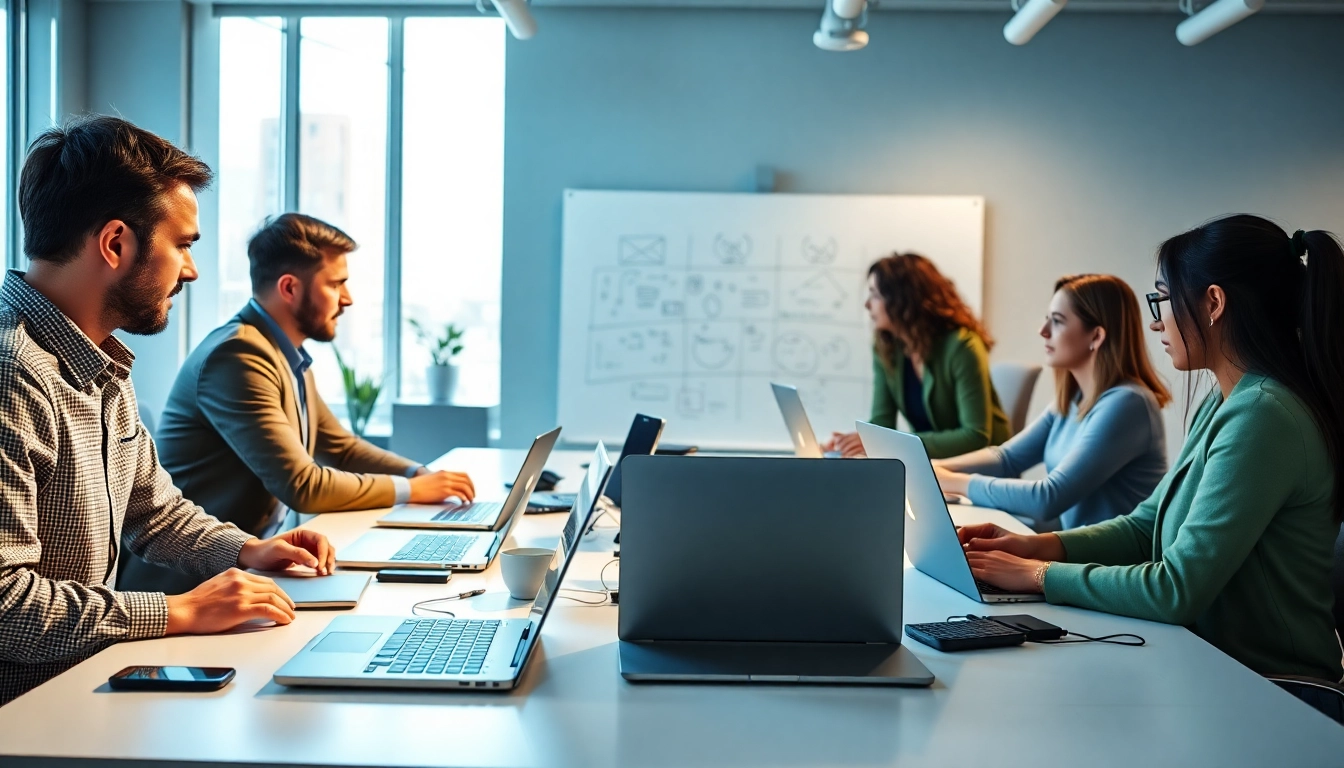 Illustration of an AI assistant for enterprise teams collaborating in a modern office setting with diverse professionals.