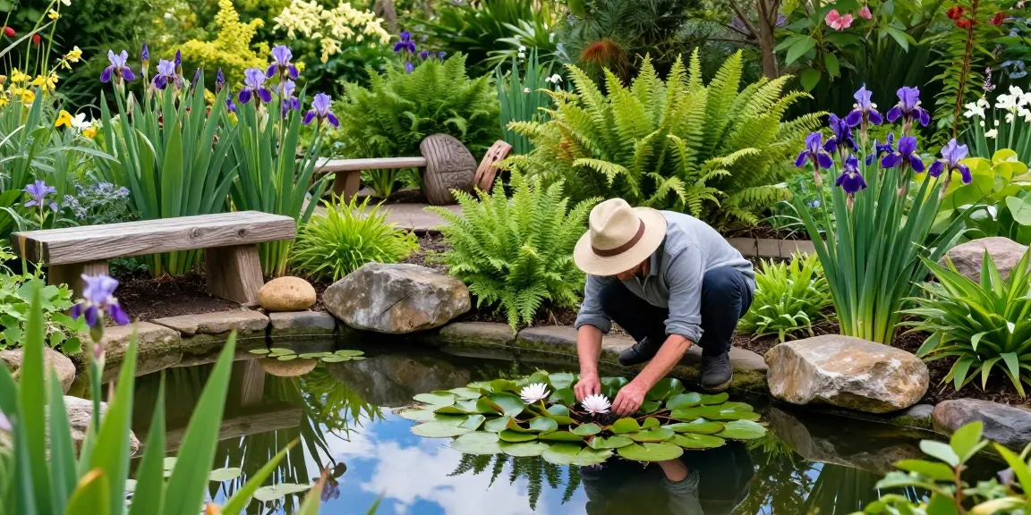 Gardener planting British pond plants in serene pond surrounded by greenery.