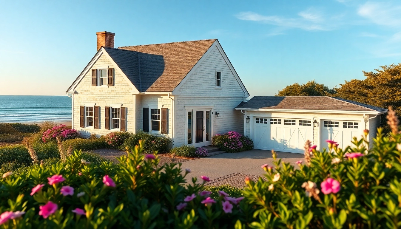 Stunning cape cod home with attached garage against a serene coastal backdrop.