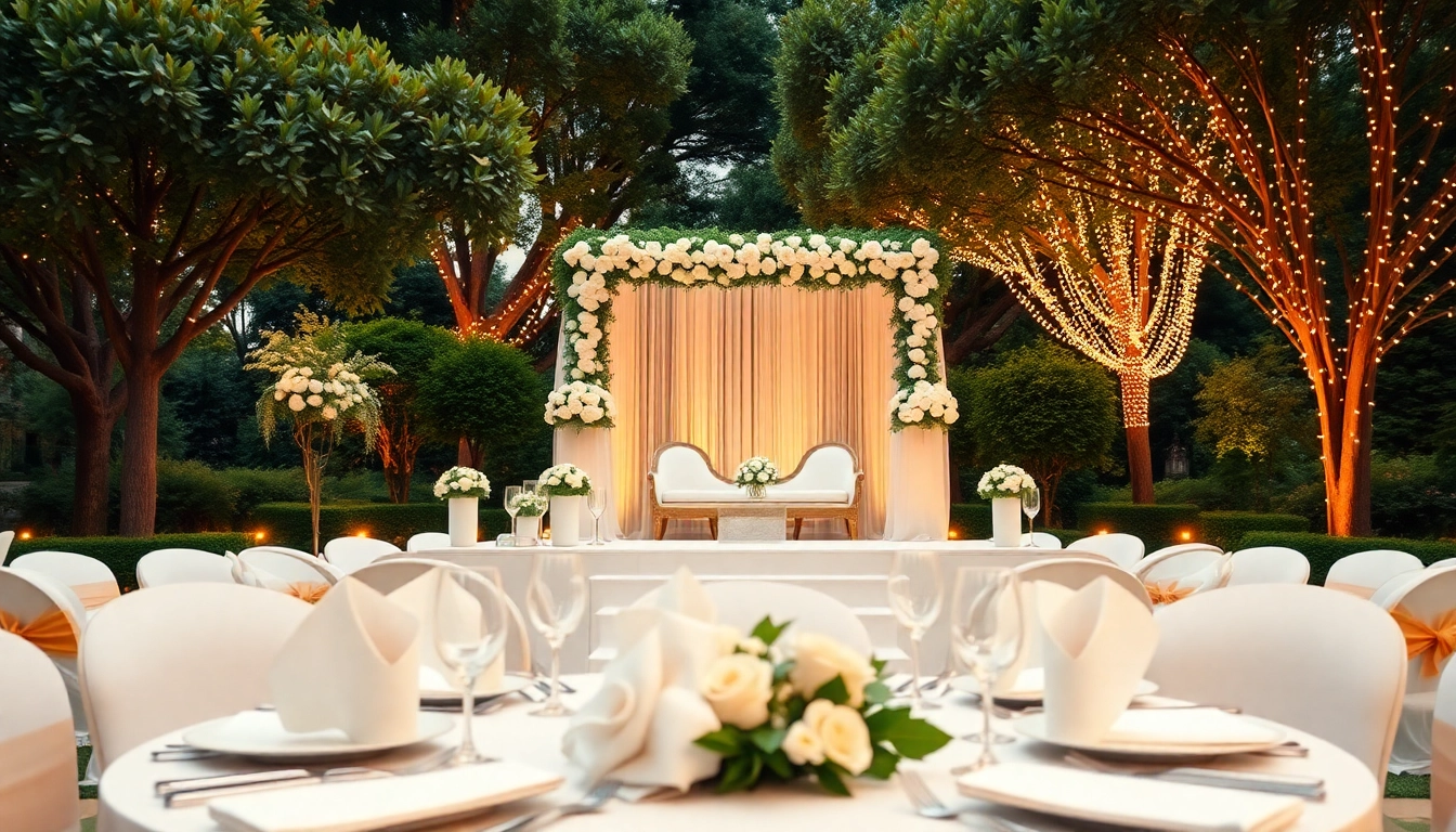 Stunning wedding & event rentals in a garden with white decor and golden lighting.