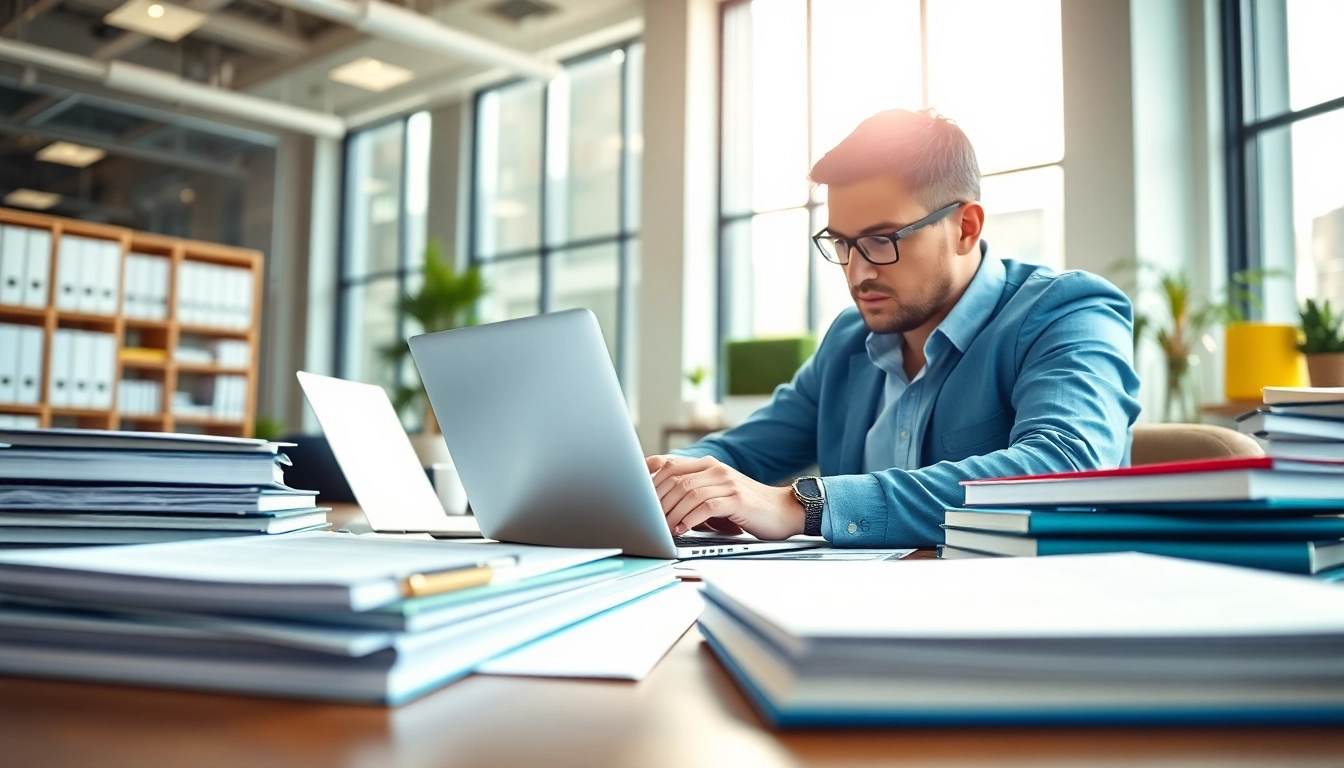 Consultant reviewing FCPA/DCAA/Flowdown/ITAR/EAR compliance documents in a modern workspace.
