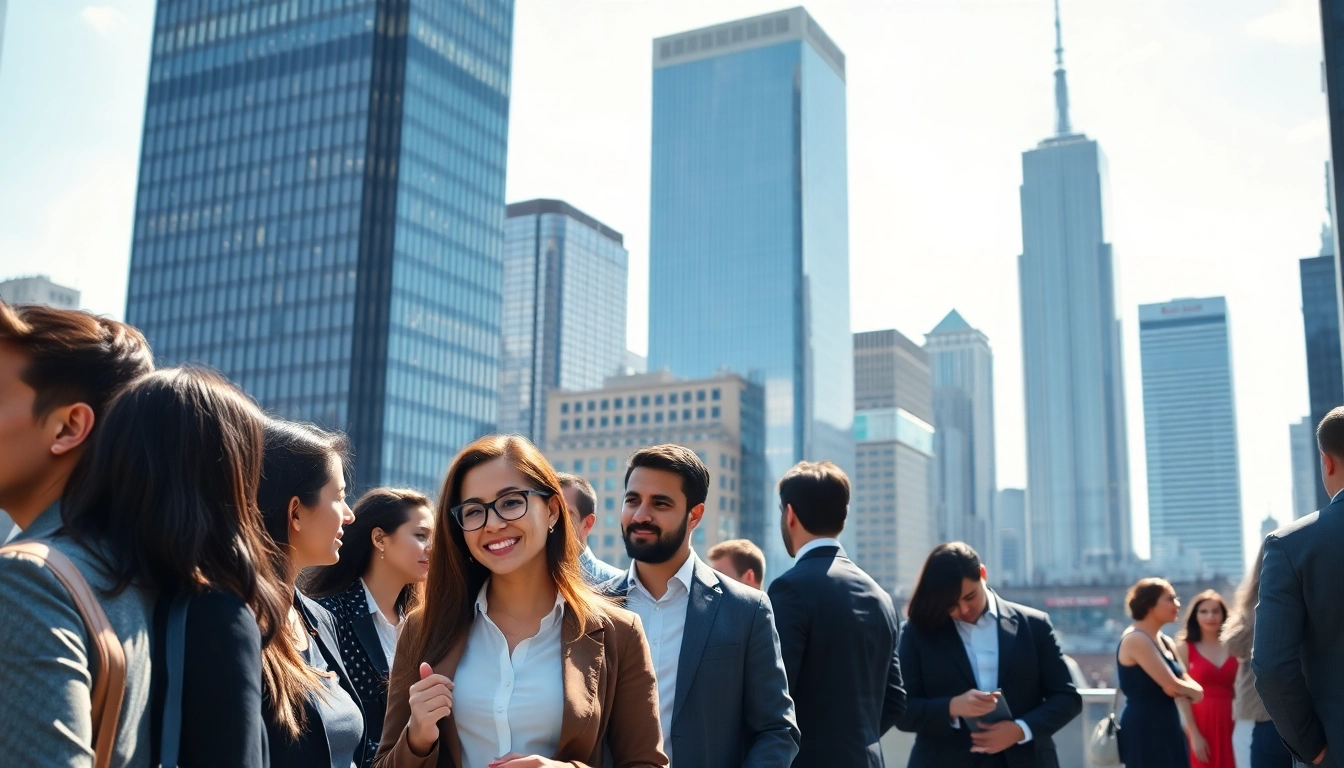 Engaged professionals networking for new york jobs against the iconic NYC skyline.