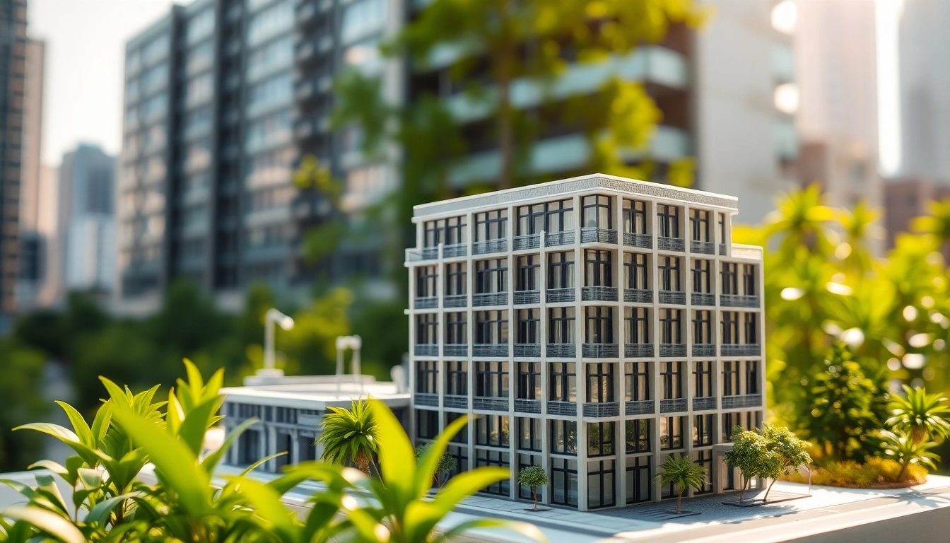 Architekturmodellbau Saarbrücken: Detaillierte Ansicht eines modernen Architekturmodells in städtischer Umgebung.