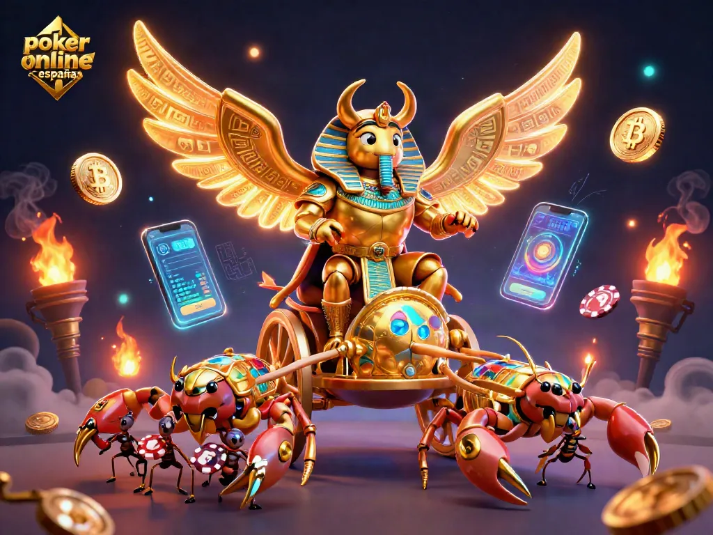 Juega a póker online en España con salas animadas y elementos de criptomonedas brillantes.