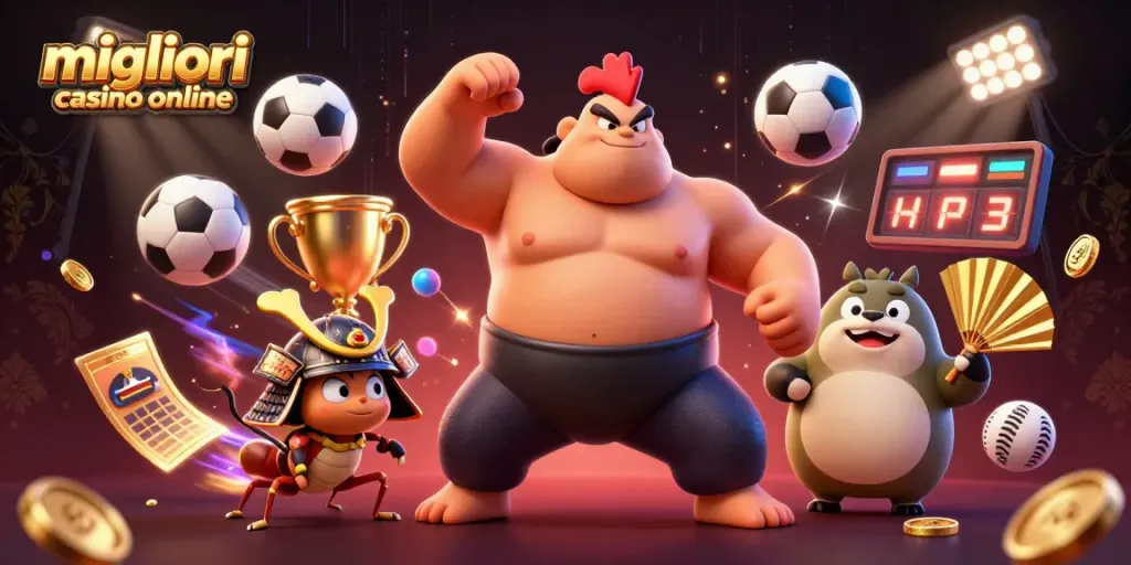 Migliori casino online: illustrazione 3D animata di un combattimento con giochi da casino, palla e trofei.