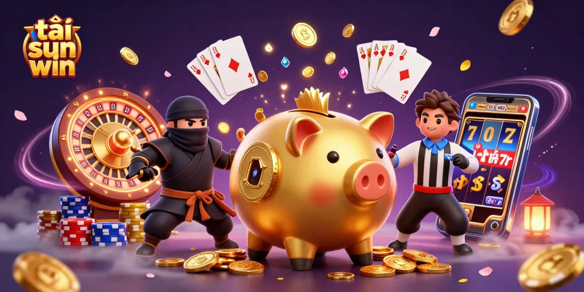 Spin to win with the lively scene embodying tải sun win featuring dynamic characters and vibrant casino elements.