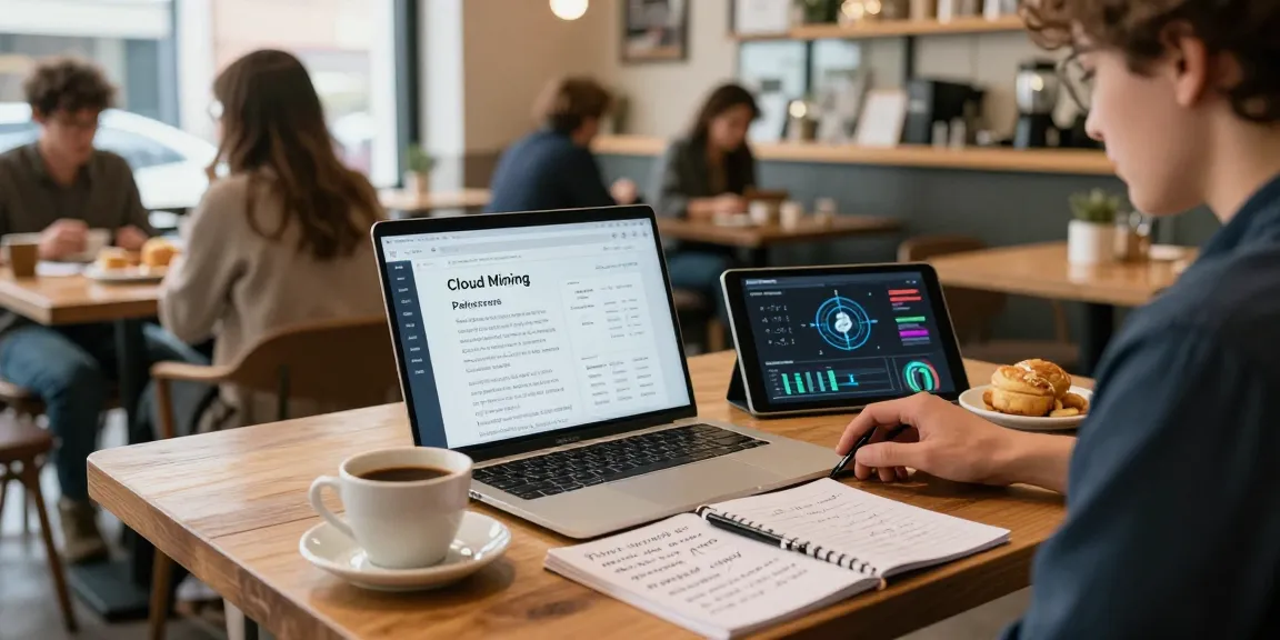 Cloud mining passive income strategies illustrated in a cozy coffee shop with crypto wallet and charts.