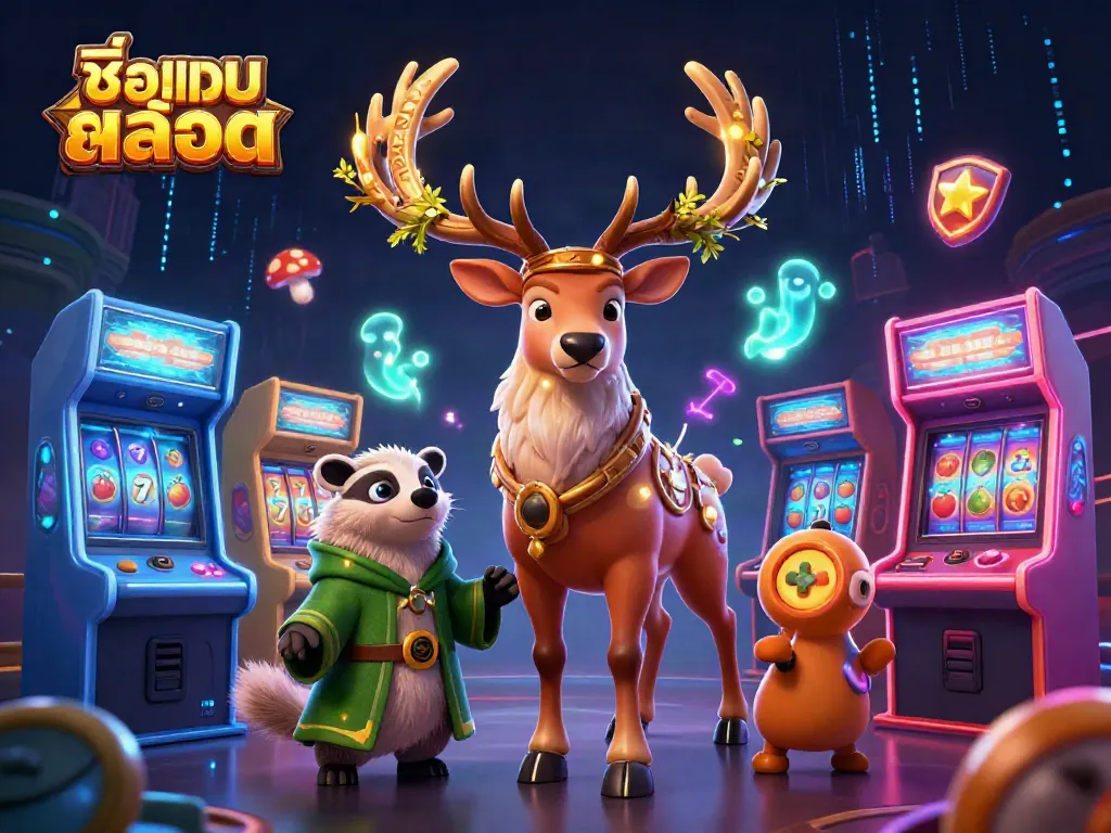 Experience exciting gameplay with ชื่อเกมสล็อต in this vibrant casino-themed illustration.