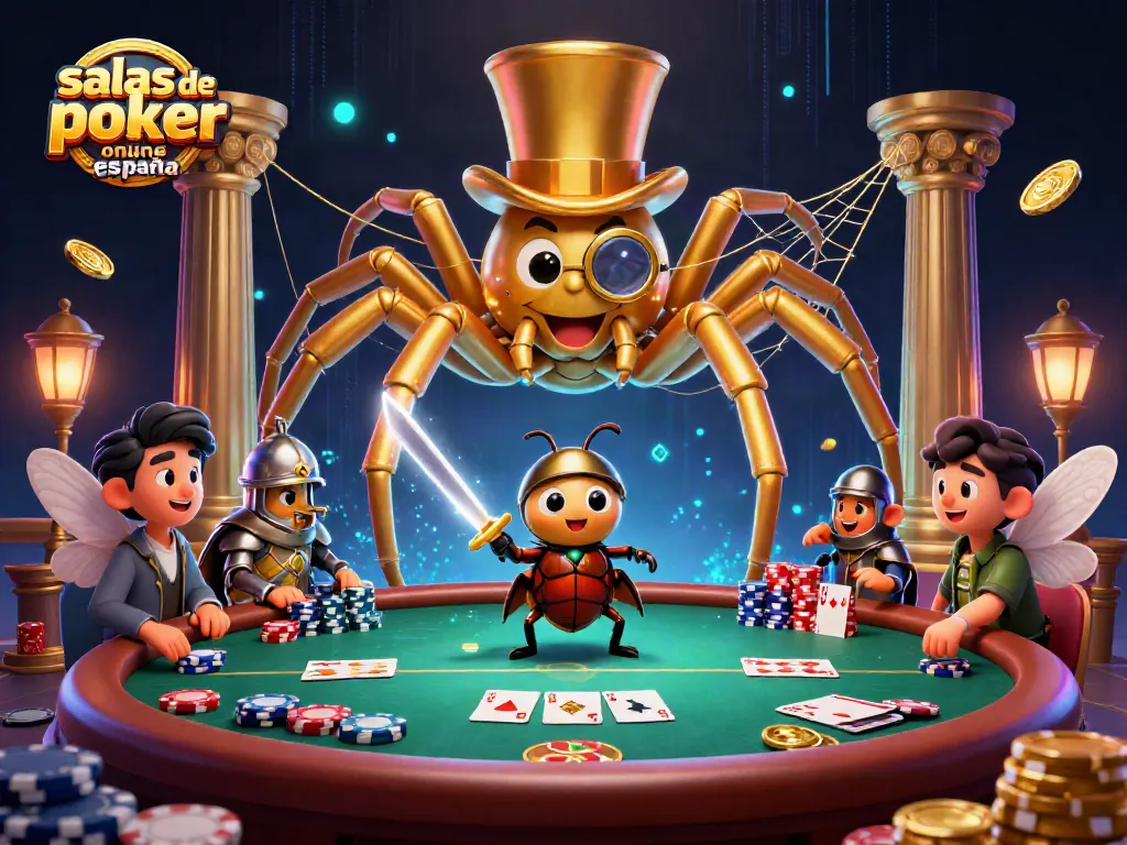Partida dinámica en salas de poker online España con un tarántula dorada y un caballero escarabajo.