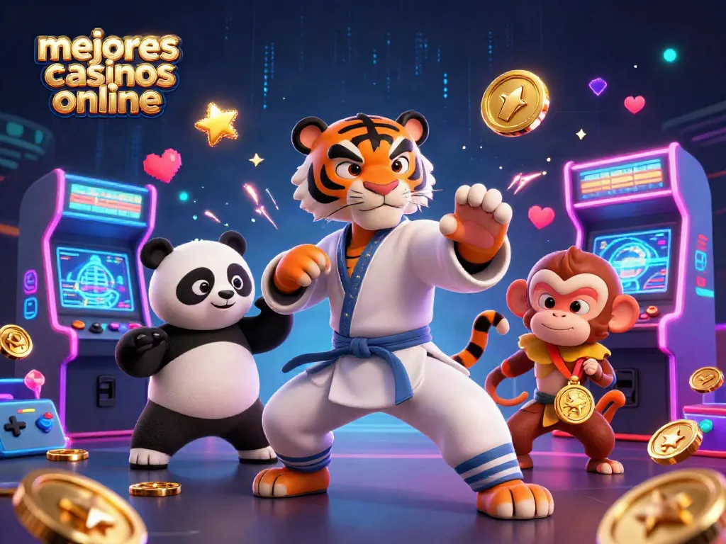 Los mejores casinos online se combinan con un tigre maestro de kung fu y un panda en una ilustración vibrante.