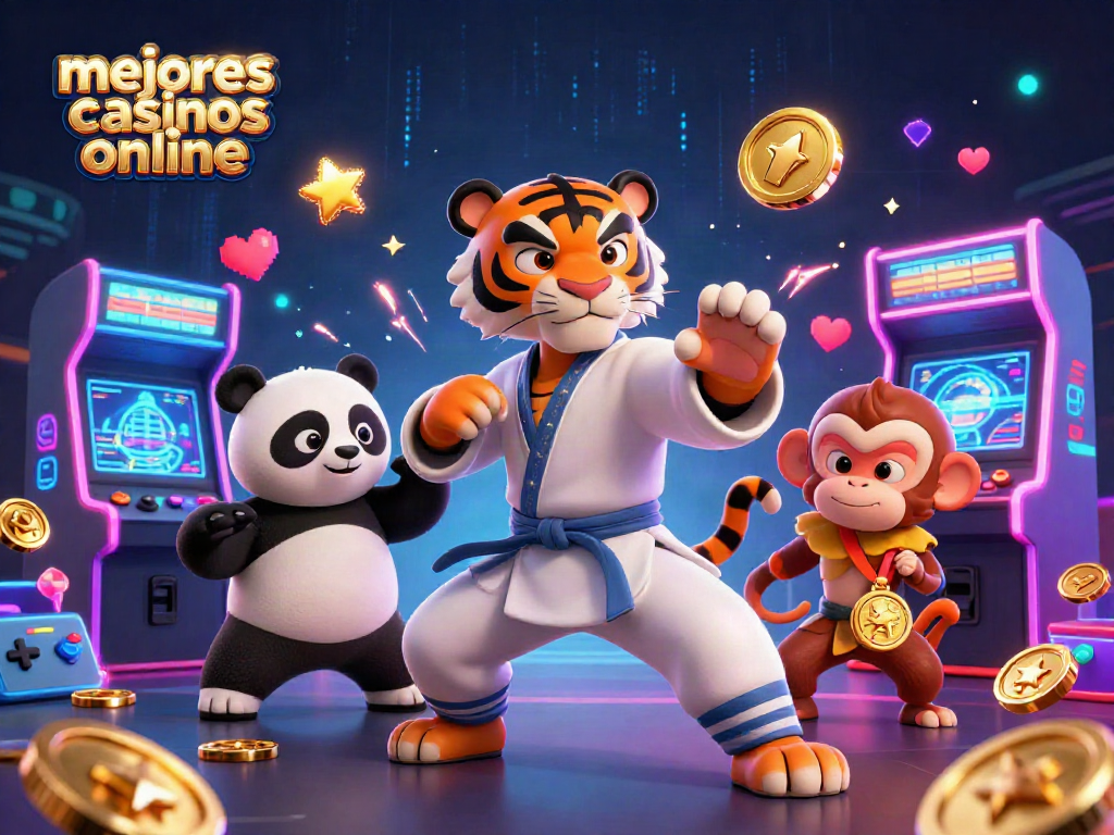Los mejores casinos online se combinan con un tigre maestro de kung fu y un panda en una ilustración vibrante.