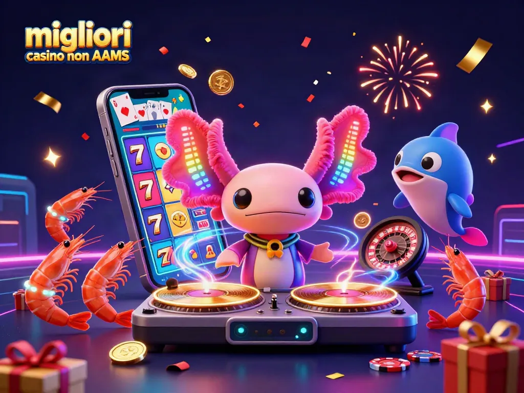 I migliori casino non AAMS mostrano un DJ axolotl con un'atmosfera festosa e giochi coinvolgenti