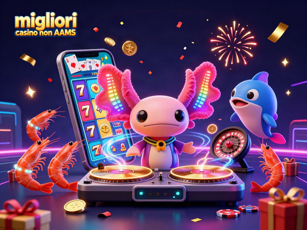 I migliori casino non AAMS mostrano un DJ axolotl con un'atmosfera festosa e giochi coinvolgenti