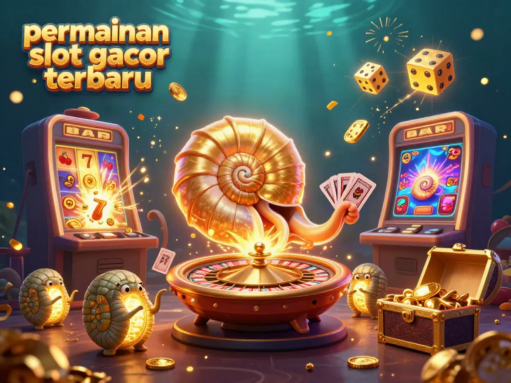 Ilustrasi permainan slot gacor terbaru dengan nautilus dan mesin slot meledak, penuh koin dan cahaya.