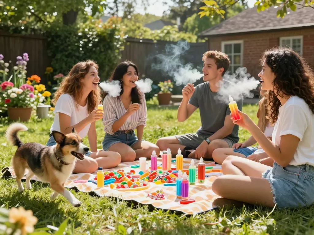 Popsicle e juice bottles surrounded by friends at a vibrant summer picnic.