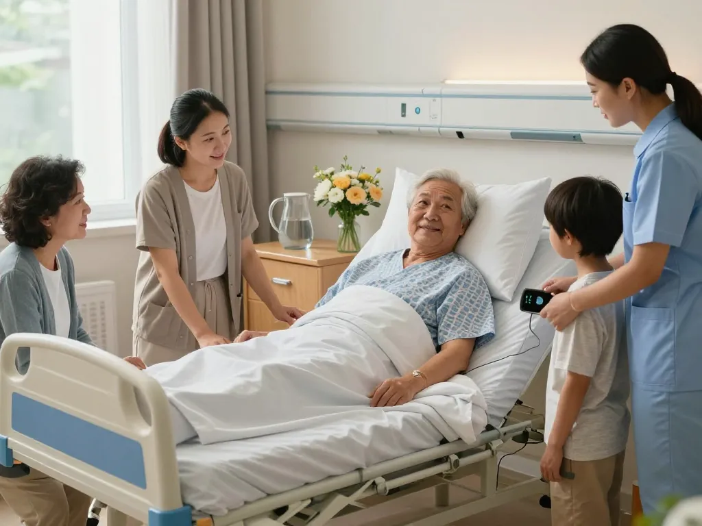 giường bệnh nhân in a cozy hospital room with supportive family members offering care