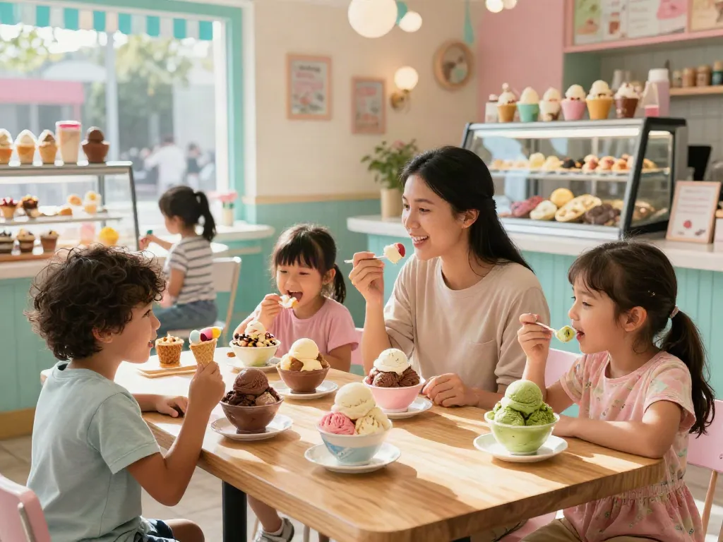Delightful family enjoying rokok88 slot ice cream at a colorful parlor.