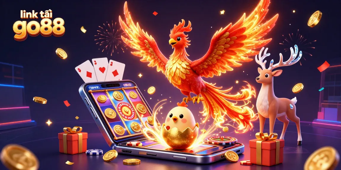 Engage with link tải go88 through this vibrant 3D illustration showcasing a phoenix amid casino elements.