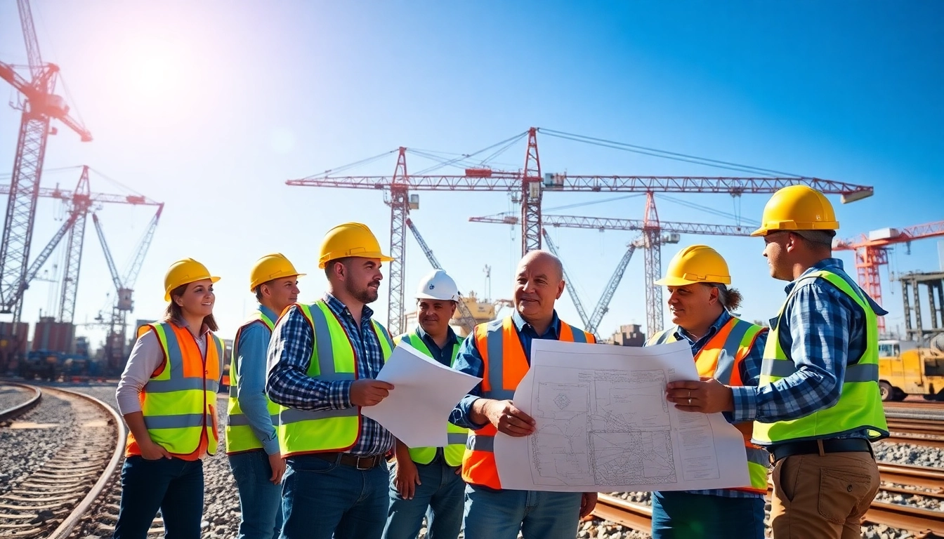 Team working on North American rail solutions at a busy construction site with vibrant machinery.