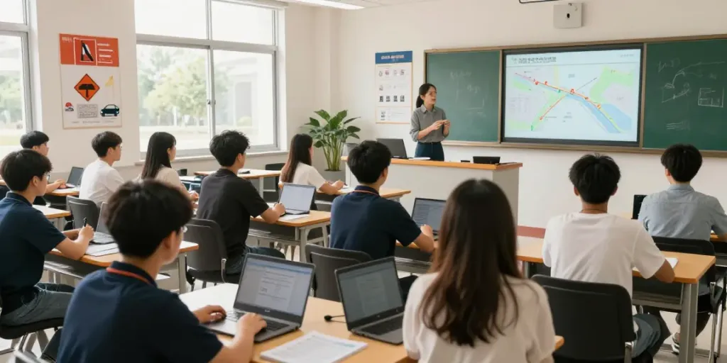 Students learning driving theory at автошкола кишинев with modern teaching materials