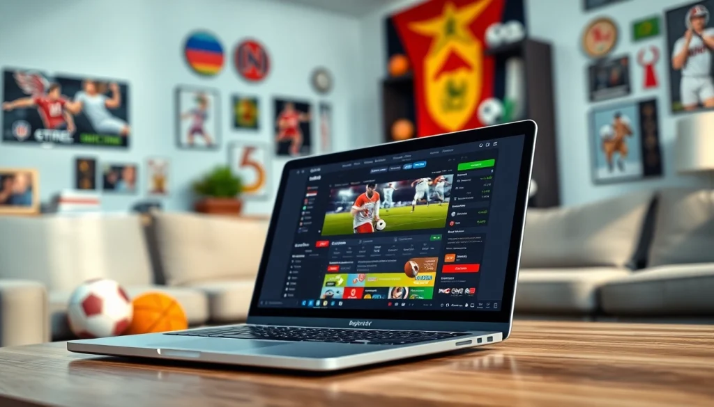 Engaging setup illustrating online sportsbooks India with sports memorabilia and a laptop showing sports betting.