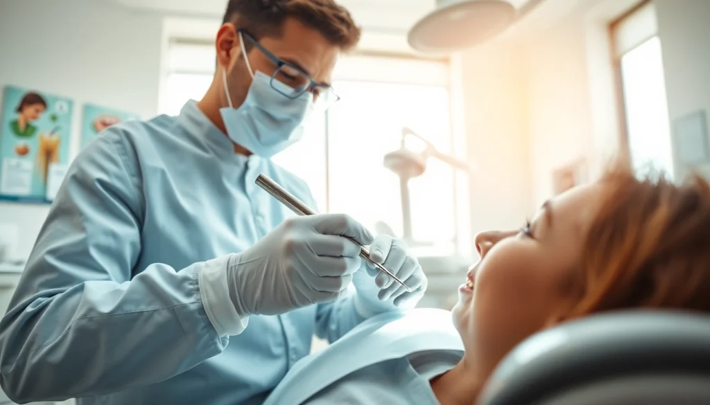 Dentist examining a patient in a modern clinic with professional tools and a caring atmosphere.