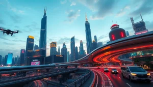 Engaging portrayal of Technology showcasing innovative city designs and advanced transportation systems.