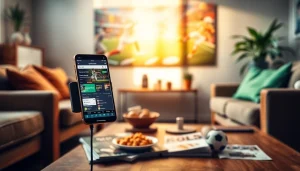 Engage with online sportsbooks India through a smartphone in a cozy living room setting.