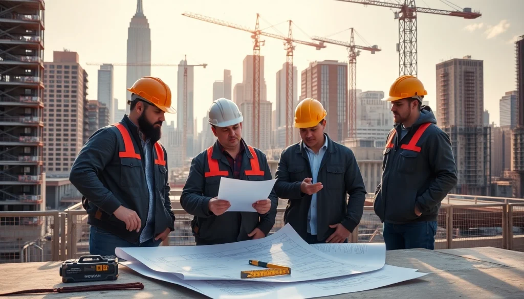 Construction workers showcasing teamwork as a New York City General Contractor on a busy site.