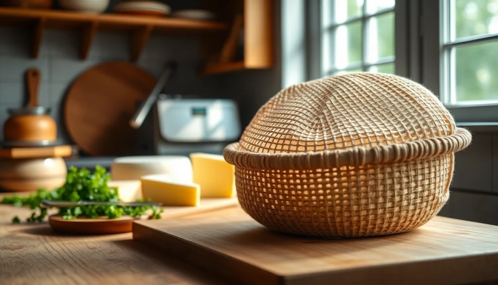 Kaasdoek used for straining cheese amidst fresh herbs and artisanal ingredients.