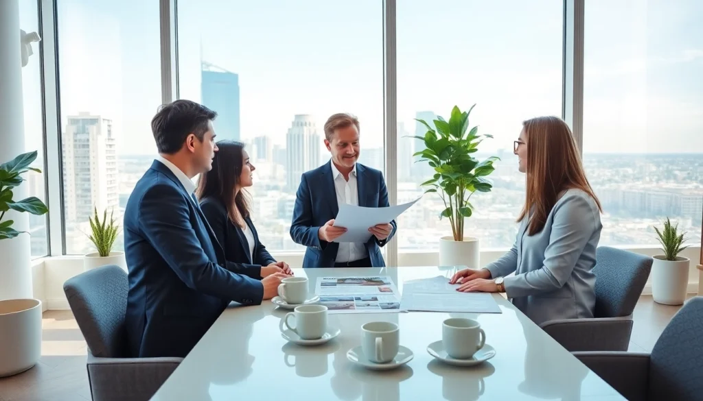 Real Estate agents consulting clients with listings in a modern office setting.