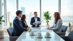 Real Estate agents consulting clients with listings in a modern office setting.