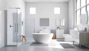 Sonni sanitär GmbH präsentiert hochwertige Badprodukte in einem eleganten Badezimmer-Setting.