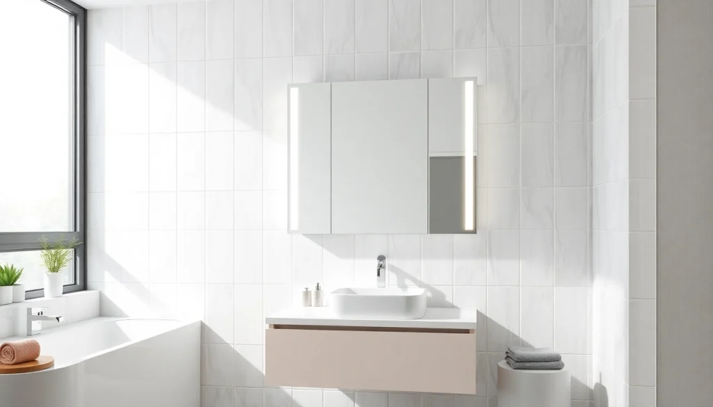 Spiegelschrank led mit moderner Beleuchtung im eleganten Badezimmer