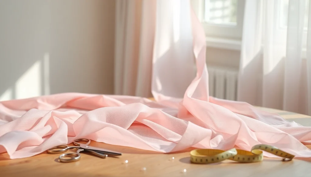 Mousseline stof prachtig draperend op een houten tafel met naaigereedschappen.