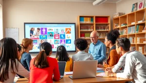 Educators collaborating on Education strategies in a vibrant classroom setting.