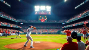 mlb중계 중인 야구 경기의 열광적인 관중과 선수들의 생동감 넘치는 모습