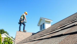 Showcasing professional roofing services with a contractor installing shingles on a sunny day.