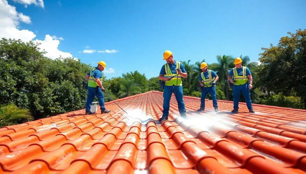Roof cleaning by professionals in Kissimmee, showcasing soft washing techniques.