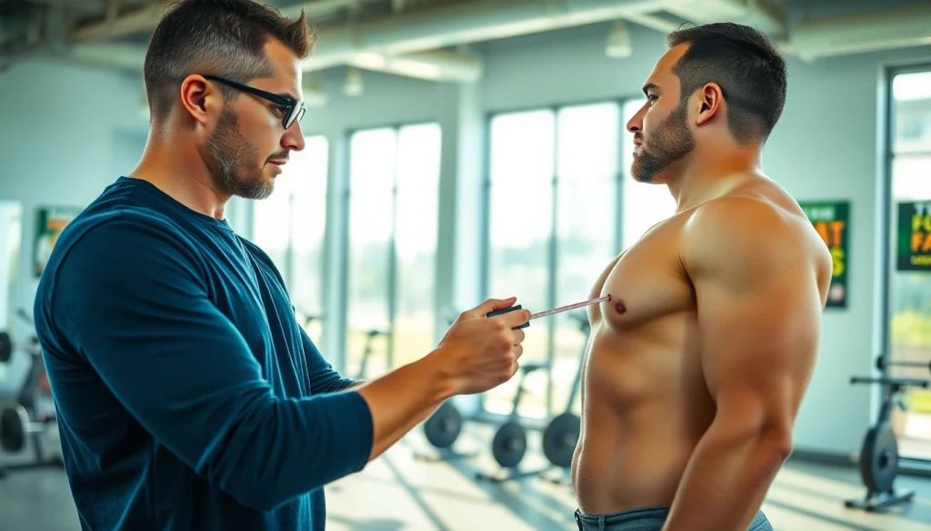 Calculate your body fat percentage calculator with a fitness coach measuring a client's body fat.