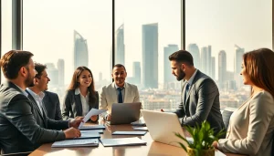 Business Consultants in Dubai collaborating in a modern office setting with skyline views.