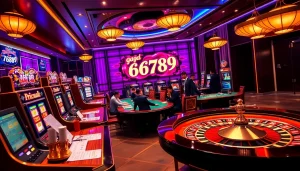 Players engage in thrilling "gà 6789" online betting in a vibrant casino environment.