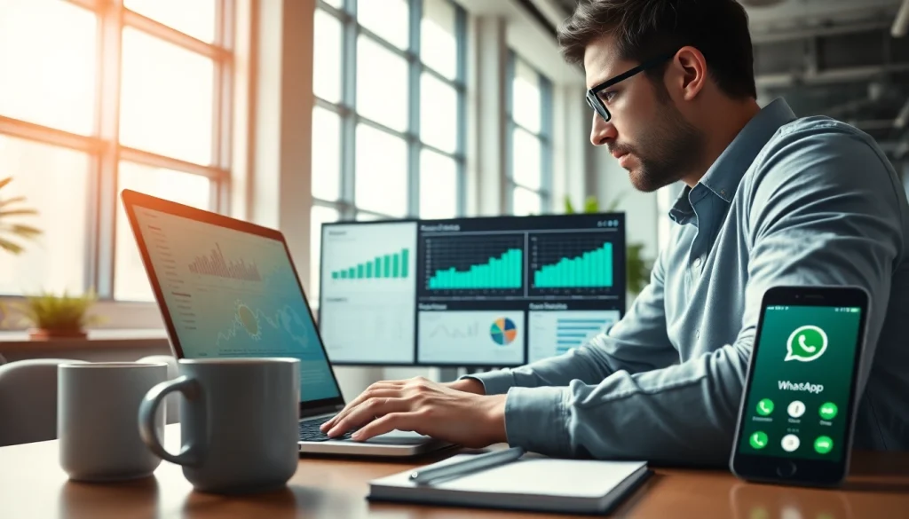Engaged professional analyzing WhatsApp Smart CRM metrics in a bright office setting