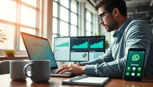Engaged professional analyzing WhatsApp Smart CRM metrics in a bright office setting