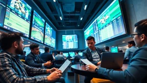 Engaged sports bettors evaluating odds and statistics in a vibrant environment while using online sportsbooks Georgia.